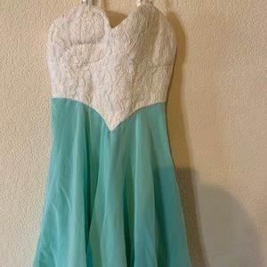 Blue and white lace homecoming dress